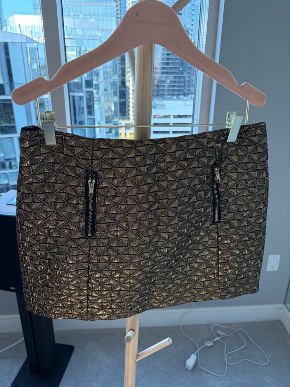 Topshop Metallic Gold Textured Mini Skirt with Zip Accents